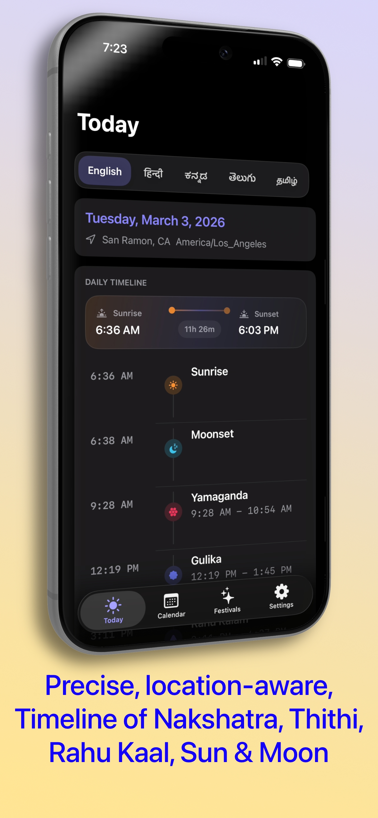 Daily timeline view showing auspicious and inauspicious times, sunrise, sunset, and moon timings